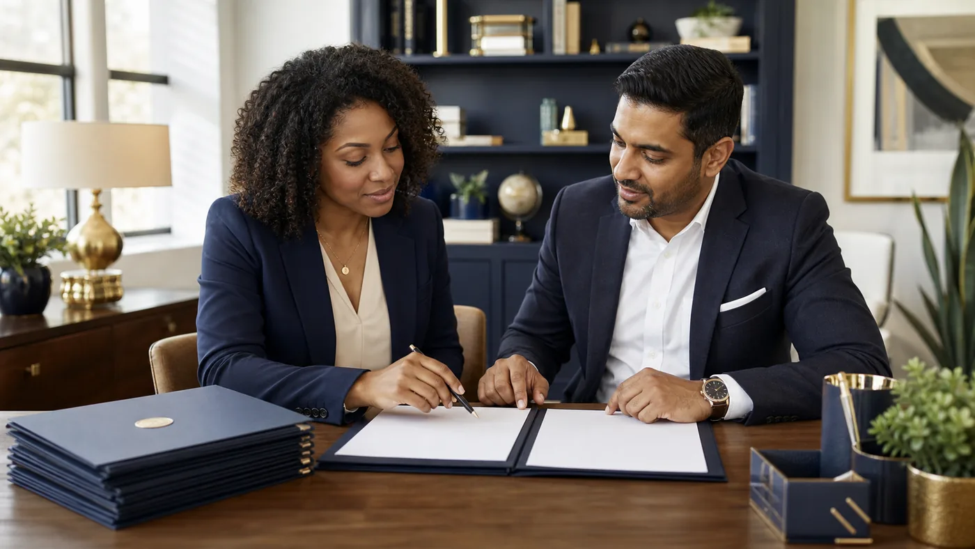 Black woman and South Asian colleague reviewing organized blank documents