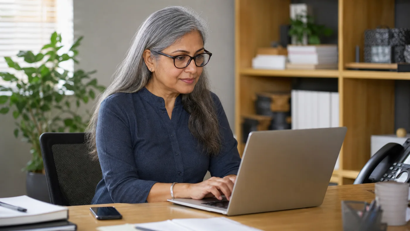 Older South Asian business owner securely accessing a laptop for password recovery