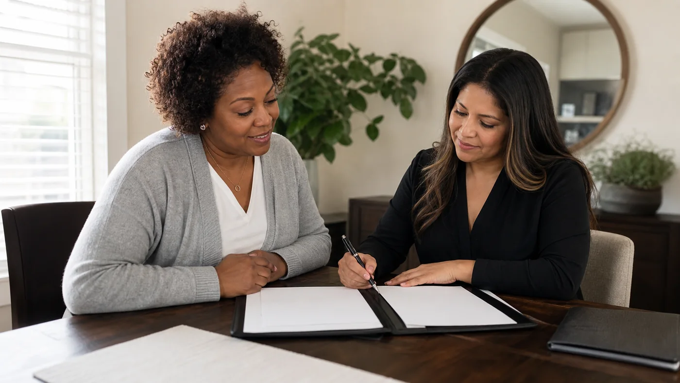 Black homebuyer and Latina signing agent reviewing an organized loan-signing package