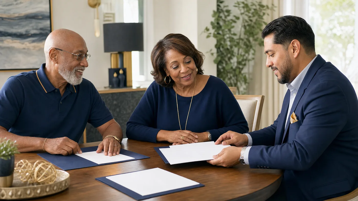 Older Black couple meeting with a mobile notary at home