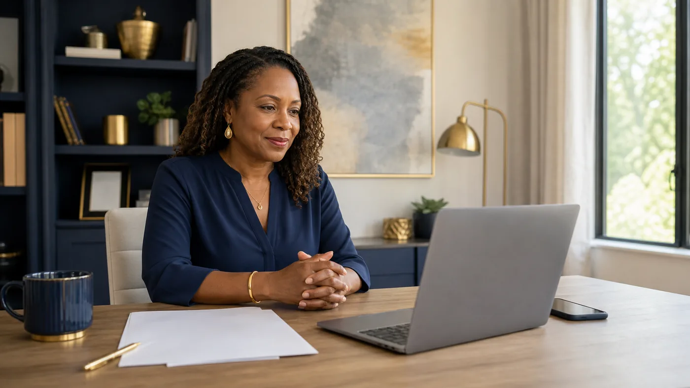 Black woman attending a remote online notary session from a home office